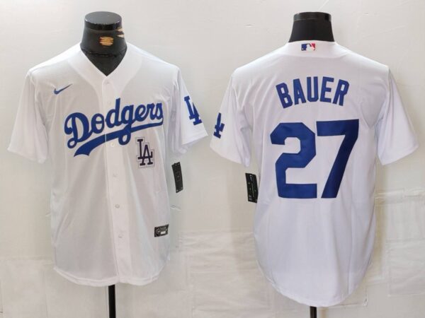 Men's Los Angeles Dodgers #27 Trevor Bauer White Stitched Baseball Jersey
