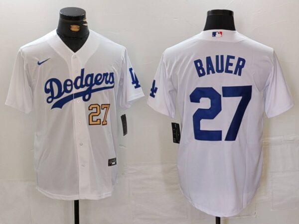 Men's Los Angeles Dodgers #27 Trevor Bauer White Stitched Baseball Jersey