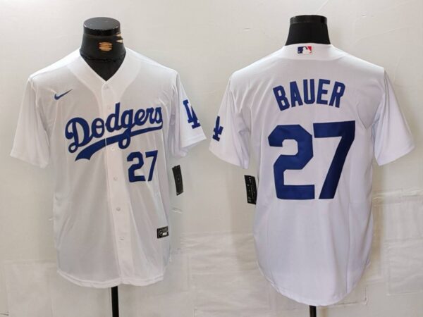 Men's Los Angeles Dodgers #27 Trevor Bauer White Stitched Baseball Jersey