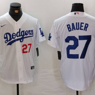 Men's Los Angeles Dodgers #27 Trevor Bauer White Stitched Baseball Jersey