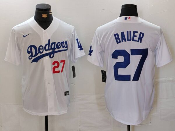 Men's Los Angeles Dodgers #27 Trevor Bauer White Stitched Baseball Jersey