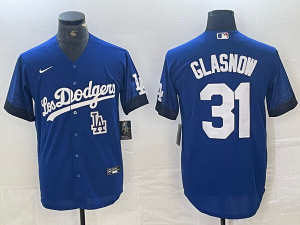 Men's Los Angeles Dodgers #31 Tyler Glasnow Blue City Connect Cool Base Stitched Baseball Jersey