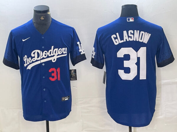 Men's Los Angeles Dodgers #31 Tyler Glasnow Blue City Connect Cool Base Stitched Baseball Jersey
