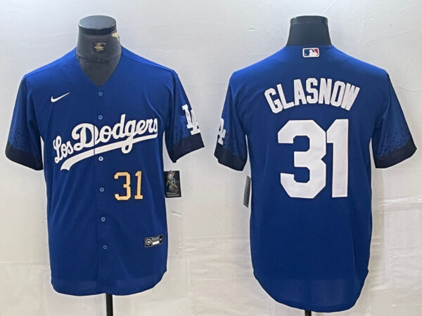 Men's Los Angeles Dodgers #31 Tyler Glasnow Blue City Connect Cool Base Stitched Baseball Jersey