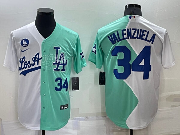 Men's Los Angeles Dodgers #34 Fernando Valenzuela 2022 All-Star White Green Cool Base Stitched Baseball Jersey