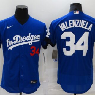 Men's Los Angeles Dodgers #34 Fernando Valenzuela Blue 2021 City Connect Flex Base Stitched Jersey