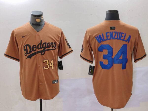 Men's Los Angeles Dodgers #34 Fernando Valenzuela Brown Cool Base Stitched Baseball Jerseys