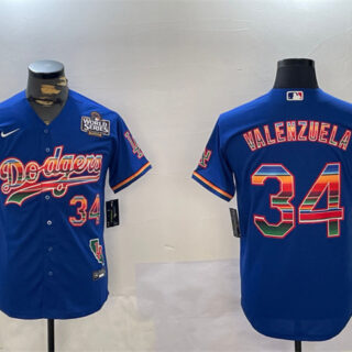 Men's Los Angeles Dodgers #34 Fernando Valenzuela Royal 2024 World Series Mexico California Patch Cool Base Stitched Baseball Jersey