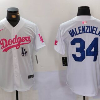 Men's Los Angeles Dodgers #34 Fernando Valenzuela White Pink Vin & Kobe Patch Stitched Baseball Jersey