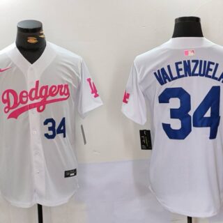 Men's Los Angeles Dodgers #34 Fernando Valenzuela White Pink Vin & Kobe Patch Stitched Baseball Jerseys