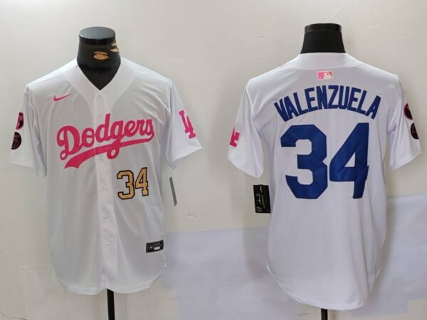 Men's Los Angeles Dodgers #34 Fernando Valenzuela White Pink Vin & Kobe Patch Stitched Baseball Jerseys