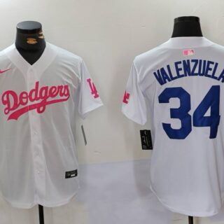 Men's Los Angeles Dodgers #34 Fernando Valenzuela White Pink Vin & Kobe Patch Stitched Baseball Jerseys