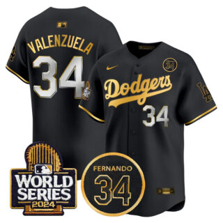 Men's Los Angeles Dodgers #34 Toro Valenzuela Black Gold 2024 World Series With Fernando Memorial Patch Limited Stitched Baseball Jersey