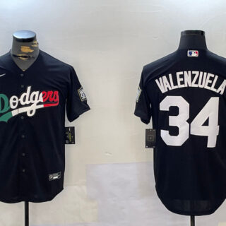 Men's Los Angeles Dodgers #34 Toro Valenzuela Black Mexico 2024 World Series With No. 34 Patch Cool Base Stitched Baseball Jerseys