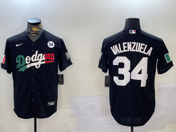 Men's Los Angeles Dodgers #34 Toro Valenzuela Black Mexico 2024 World Series With No. 34 Patch Cool Base Stitched Baseball Jerseys