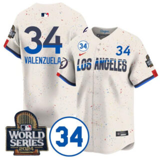 Men's Los Angeles Dodgers #34 Toro Valenzuela Cream 2024 World Series With No. 34 Patch City Connect Limited Stitched Baseball Jersey
