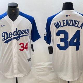 Men's Los Angeles Dodgers #34 Toro Valenzuela White Blue Vin Patch Cool Base Stitched Baseball Jersey