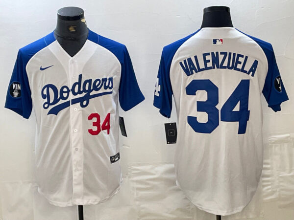 Men's Los Angeles Dodgers #34 Toro Valenzuela White Blue Vin Patch Cool Base Stitched Baseball Jersey