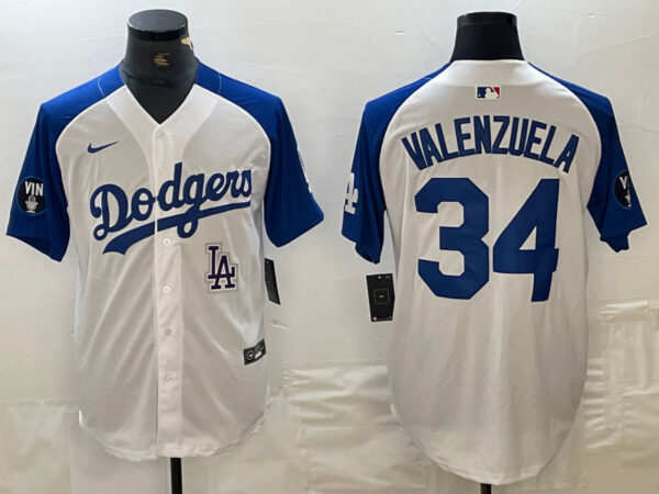 Men's Los Angeles Dodgers #34 Toro Valenzuela White Blue Vin Patch Cool Base Stitched Baseball Jersey