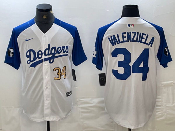 Men's Los Angeles Dodgers #34 Toro Valenzuela White Blue Vin Patch Cool Base Stitched Baseball Jersey