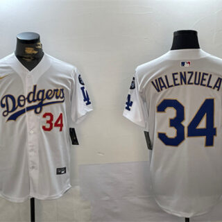 Men's Los Angeles Dodgers #34 Toro Valenzuela White Gold 2024 World Series Champions With Fernando Memorial Patch Home Limited Stitched Baseball Jersey