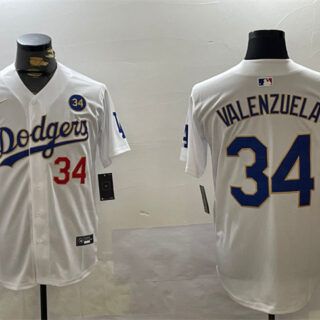 Men's Los Angeles Dodgers #34 Toro Valenzuela White Gold 2024 World Series With No. 34 Patch Home Limited Stitched Baseball Jersey