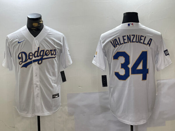 Men's Los Angeles Dodgers #34 White Gold Championship Cool Base Stitched Jerseys
