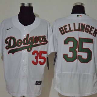 Men's Los Angeles Dodgers #35 Cody Bellinger White With Green Name Stitched MLB Flex Base Nike Jersey