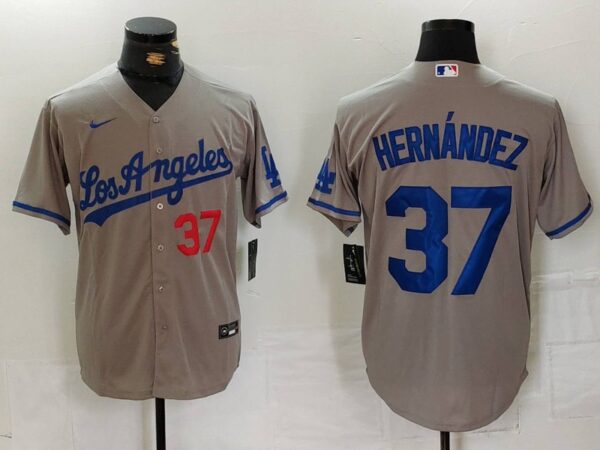 Men's Los Angeles Dodgers #37 Teoscar Hernandez Grey Cool Base Stitched Baseball Jerseys