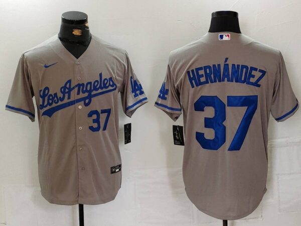 Men's Los Angeles Dodgers #37 Teoscar Hernandez Grey Cool Base Stitched Baseball Jerseys