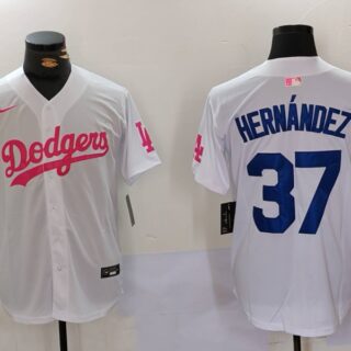 Men's Los Angeles Dodgers #37 Teoscar Hernandez White Pink Vin & Kobe Patch Stitched Baseball Jerseys