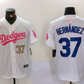 Men's Los Angeles Dodgers #37 Teoscar Hernandez White Pink Vin & Kobe Patch Stitched Baseball Jersey