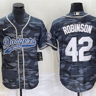 Men's Los Angeles Dodgers #42 Jackie Robinson Gray Camo Cool Base With Patch Stitched Baseball Jersey
