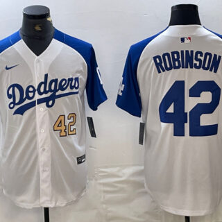 Men's Los Angeles Dodgers #42 Jackie Robinson White Blue Vin Patch Cool Base Stitched Baseball Jersey