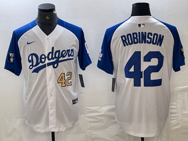 Men's Los Angeles Dodgers #42 Jackie Robinson White Blue Vin Patch Cool Base Stitched Baseball Jersey