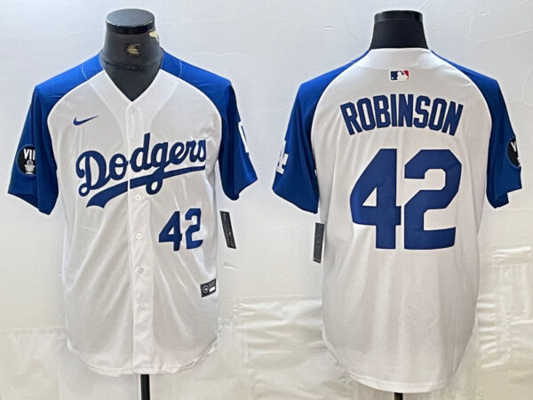 Men's Los Angeles Dodgers #42 Jackie Robinson White Blue Vin Patch Cool Base Stitched Baseball Jersey