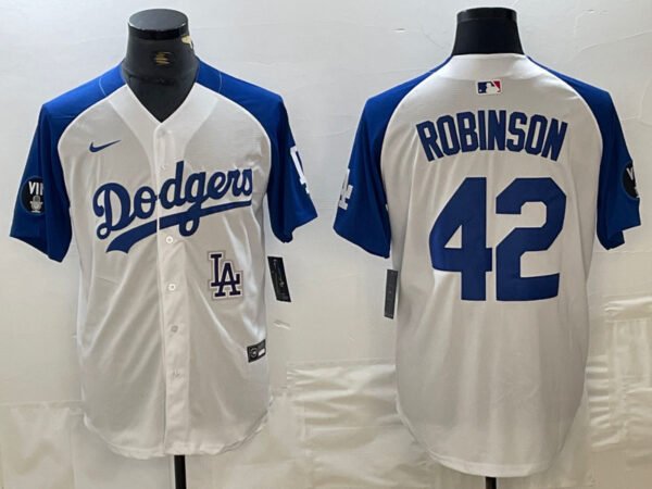 Men's Los Angeles Dodgers #42 Jackie Robinson White Blue Vin Patch Cool Base Stitched Baseball Jersey
