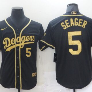 Men's Los Angeles Dodgers #5 Corey Seager Black Gold Stitched MLB Cool Base Nike Jersey