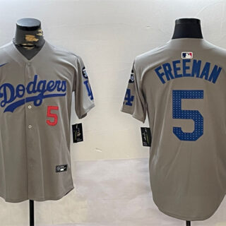 Men's Los Angeles Dodgers #5 Freddie Freeman Grey 2024 World Series Champions With Fernando Memorial Patch Limited Stitched Baseball Jersey