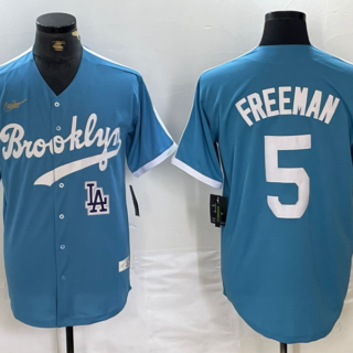 Men's Los Angeles Dodgers #5 Freddie Freeman Light Blue Throwback Cool Base Stitched Baseball Jerseys