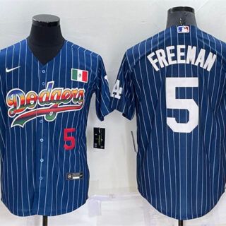Men's Los Angeles Dodgers #5 Freddie Freeman Navy Mexico Rainbow Cool Base Stitched Baseball Jersey