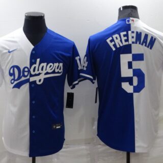 Men's Los Angeles Dodgers #5 Freddie Freeman White Blue Split Cool Base Stitched Baseball Jersey