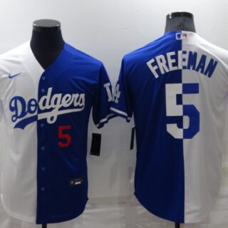 Men's Los Angeles Dodgers #5 Freddie Freeman White Blue Split Cool Base Stitched Baseball Jerseys