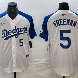 Men's Los Angeles Dodgers #5 Freddie Freeman White Blue Vin Patch Cool Base Stitched Baseball Jersey
