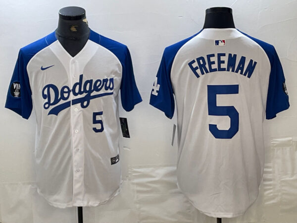 Men's Los Angeles Dodgers #5 Freddie Freeman White Blue Vin Patch Cool Base Stitched Baseball Jersey
