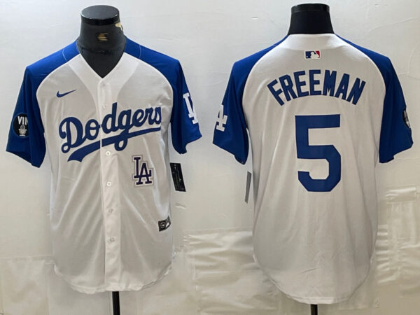 Men's Los Angeles Dodgers #5 Freddie Freeman White Blue Vin Patch Cool Base Stitched Baseball Jersey