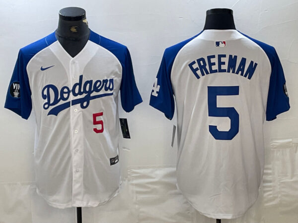 Men's Los Angeles Dodgers #5 Freddie Freeman White Blue Vin Patch Cool Base Stitched Baseball Jersey