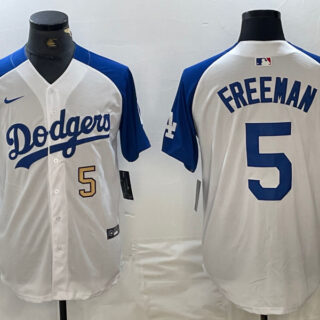 Men's Los Angeles Dodgers #5 Freddie Freeman White Blue Vin Patch Cool Base Stitched Baseball Jersey