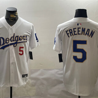 Men's Los Angeles Dodgers #5 Freddie Freeman White Gold 2024 World Series Home Limited Stitched Baseball Jersey