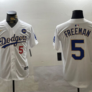 Men's Los Angeles Dodgers #5 Freddie Freeman White Gold 2024 World Series With No. 34 Patch Home Limited Stitched Baseball Jersey